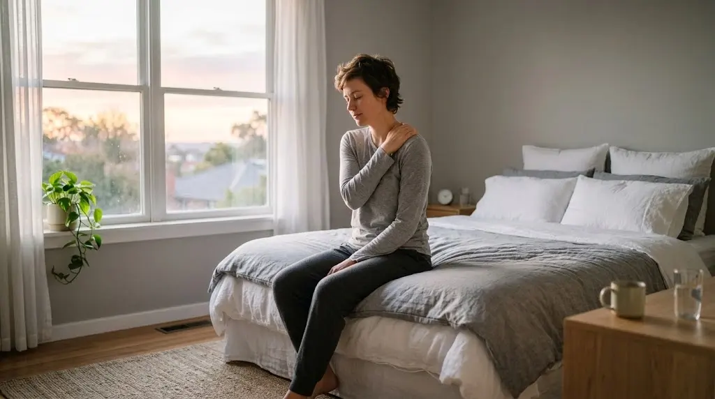 Person holding sore shoulder due to shoulder pain when waking up in morning light