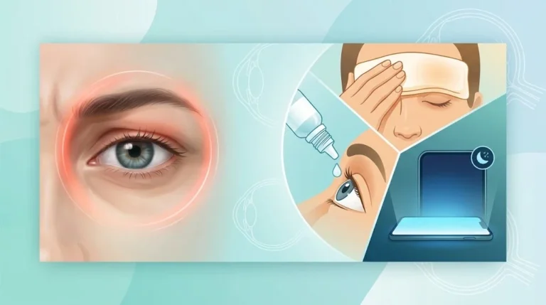 Illustration showing eye pain symptoms with a close-up irritated eye alongside relief methods like eye drops, warm compress, and reduced screen light.