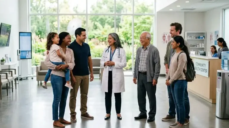 A diverse group of patients talking to a doctor in a modern community clinic, representing health equity and inclusive care.