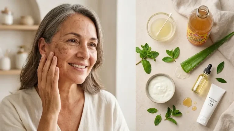 Woman showing age spots on cheek next to natural remedies explaining how to remove age spots naturally.