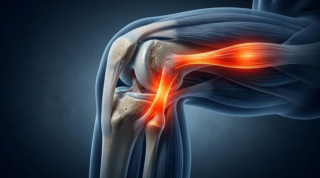Anatomical illustration of a flexed human knee joint highlighting glowing red inflamed areas to show common causes of severe knee pain.