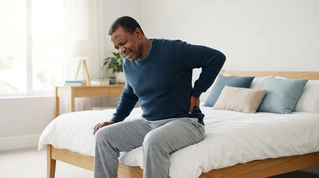 Middle-aged man sitting on bed holding his lumbar region due to severe lower back pain in the morning.