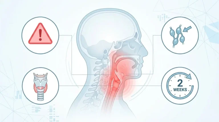 Medical infographic illustration highlighting throat cancer symptoms, larynx area, swollen lymph node warning, and a two-week clock symbol.