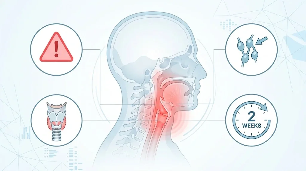 Medical infographic illustration highlighting throat cancer symptoms, larynx area, swollen lymph node warning, and a two-week clock symbol.
