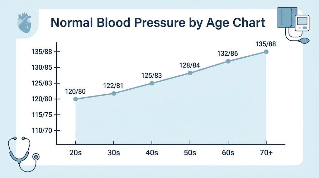 What is normal blood pressure by age chart showing average systolic and diastolic readings from 20s to 70s.